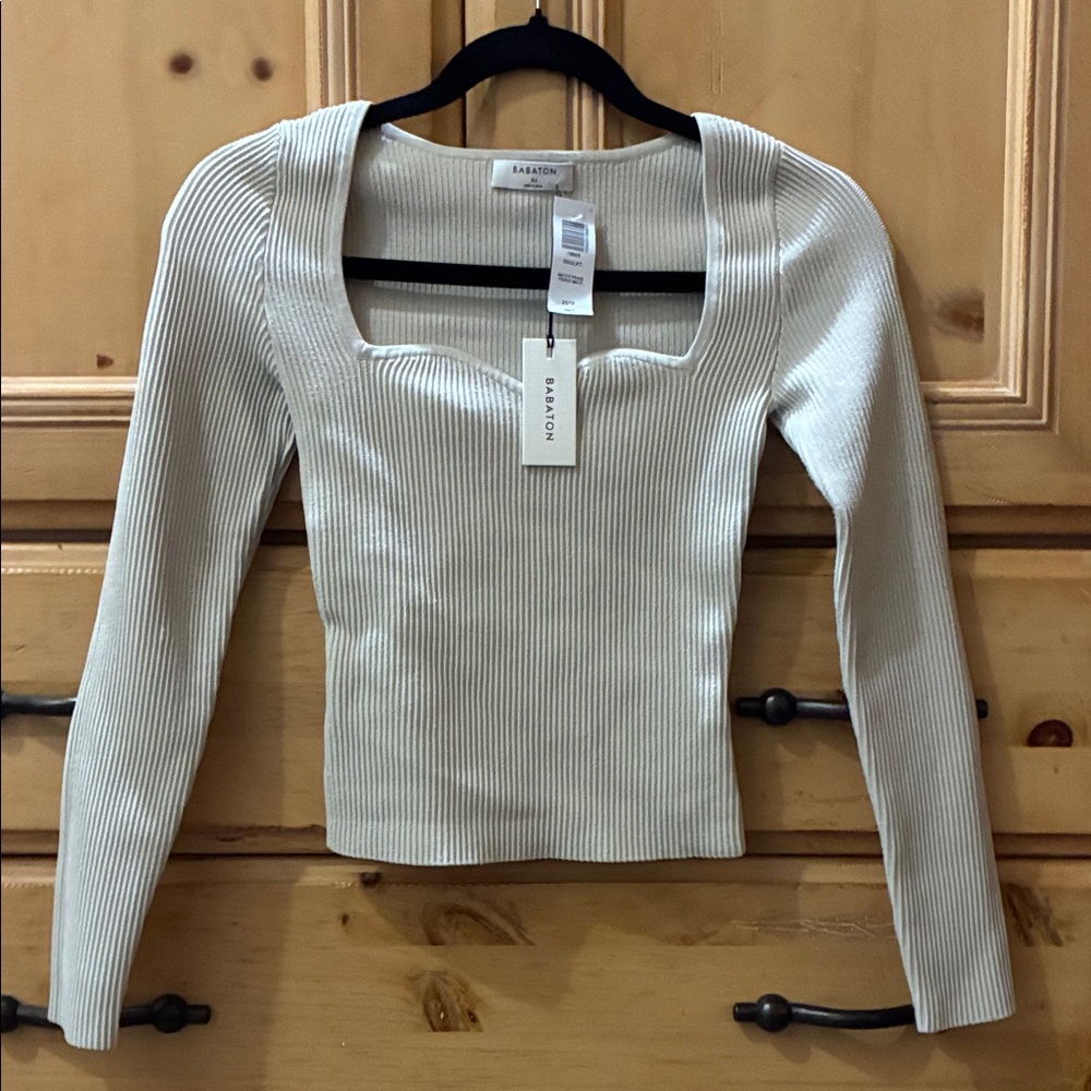 Babaton Off-White Ribbed Long Sleeve Top